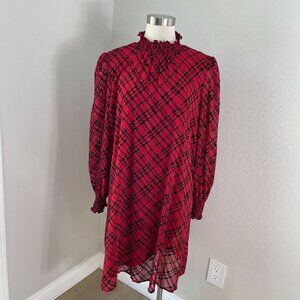 Tommy Hilfiger Womens 14 Red Black Plaid Smocked Collar Long Sleeve Shift Dress